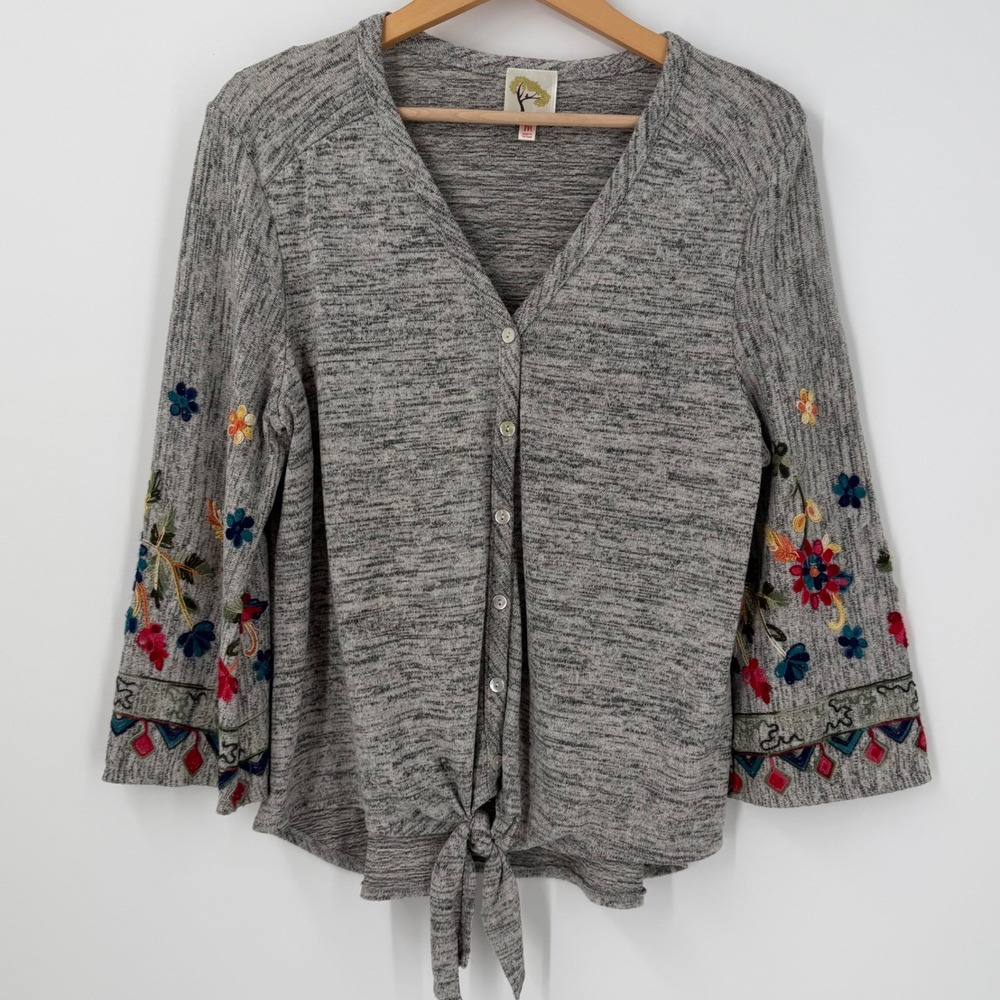 Fig and Flower Grey Marl Floral Embroidered‎ Tie Front Button Top Womens Medium